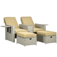 Outsunny 5PC PE Rattan Sun Lounger - Outdoor Wicker 5-Level Adjustable Recliner Sofa Bed with Storage Side Table and Footstools, for Patio, Garden, Poolside, Beige