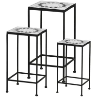 Outsunny 3-Piece Metal Plant Stand, Stackable Flower Display Rack with Ceramic Tile Surface for Garden, Balcony, Black and White(m-1)