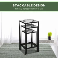 Outsunny 3-Piece Metal Plant Stand, Stackable Flower Display Rack with Ceramic Tile Surface for Garden, Balcony, Black and White(m-6)