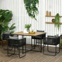 Outsunny 4 Seater Rattan Cube Garden Furniture Set, Rattan Dining Set with Cushions, Outdoor Dining Table and Chairs with Rectangular Wood Grain Plastic Top Table for Patio, Balcony, Black(m-2)