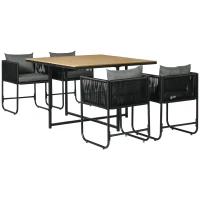 Outsunny 4 Seater Rattan Cube Garden Furniture Set, Rattan Dining Set with Cushions, Outdoor Dining Table and Chairs with Rectangular Wood Grain Plastic Top Table for Patio, Balcony, Black(m-1)