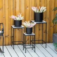 Outsunny 3-Piece Metal Plant Stand, Stackable Flower Display Rack with Ceramic Tile Surface for Garden, Balcony, Black and White(m-2)