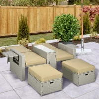 Outsunny 5PC PE Rattan Sun Lounger - Outdoor Wicker 5-Level Adjustable Recliner Sofa Bed with Storage Side Table and Footstools, for Patio, Garden, Poolside, Beige(m-10)