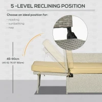 Outsunny 5PC PE Rattan Sun Lounger - Outdoor Wicker 5-Level Adjustable Recliner Sofa Bed with Storage Side Table and Footstools, for Patio, Garden, Poolside, Beige(m-6)