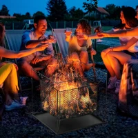 Outsunny Portable Fire Pit with Poker, Square Wood Burning Firepit Bowl for Garden and Camping,  Black(m-2)