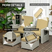 Outsunny 5PC PE Rattan Sun Lounger - Outdoor Wicker 5-Level Adjustable Recliner Sofa Bed with Storage Side Table and Footstools, for Patio, Garden, Poolside, Beige(m-7)