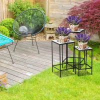 Outsunny 3-Piece Metal Plant Stand, Stackable Flower Display Rack with Ceramic Tile Surface for Garden, Balcony, Black and White(m-10)