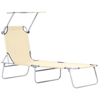 Outsunny Outdoor Foldable Sun Lounger, 4 Level Adjustable Backrest Reclining Sun Lounger Chair with Angle Adjust Sun Shade Awning for Beach, Garden, Patio, Beige(m-11)