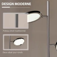 HOMCOM Lampadaire LED sur pied salon style moderne 2 abat-jours orientables en métal chromé 800 lumens hauteur 165 cm(m-4)