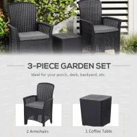 Outsunny 3 PCs Rattan Effect Bistro Set, Outdoor Wicker Weave Furniture w/ 2 Cushioned Chairs, 1 Storage Function Coffee Table for Garden, Patio, Furniture - Black(m-4)