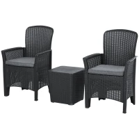 Outsunny 3 PCs Rattan Effect Bistro Set, Outdoor Wicker Weave Furniture w/ 2 Cushioned Chairs, 1 Storage Function Coffee Table for Garden, Patio, Furniture - Black(m-11)