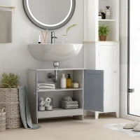 kleankin Under Sink Storage Bathroom Cabinet with Adjustable Shelf, Pedestal Under Sink Design, Grey and White(m-10)
