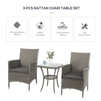 Outsunny 3 Pieces Outdoor PE Rattan Bistro Set with Cushions, Patio Wicker Weave Conversation Chair Table Furniture Set for Garden, Backyard, Light Grey(m-4)