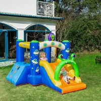 Outsunny 4 in 1 Kids Bouncy Castle Large Alien Style Inflatable House Slide Trampoline Climbing Wall Basket with Air blower Carrybag Patches for Kids Age 3-8(m-13)