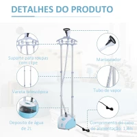 HOMCOM Ferro de Engomar Vertical Depósito 2L 1950W e Temperatura Ajustável em 11 Níveis 24x35x47,5-122,5 cm Azul e Branco(m-6)
