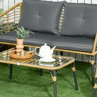 Outsunny Conjunto de Móveis de Vime com Sofá de 2 Lugares 2 Poltronas Mesa de Centro e 4 Almofadas Marrom Claro e Cinza Escuro(m-7)