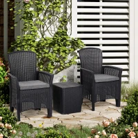 Outsunny 3 PCs Rattan Effect Bistro Set, Outdoor Wicker Weave Furniture w/ 2 Cushioned Chairs, 1 Storage Function Coffee Table for Garden, Patio, Furniture - Black(m-10)