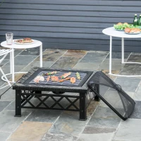 Outsunny Multifunctional 2-in-1 Patio Steel Fire Pit with Grill Shelf,  Poker,Handle 76Wx76Dx47Hcm for Yard Bonfire Patio Black(m-13)