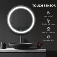 kleankin Round LED Bathroom Mirror, Dimmable Lighted Wall-Mounted Mirror with 3 Temperature Colours, Memory Function, Hardwired(m-4)