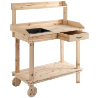 Outsunny Wooden Potting Bench Work Table with 2 Removable Wheels, Sink, Drawer & Large Storage Spaces, 92x45x119cm(m-11)