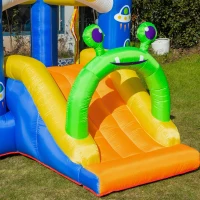 Outsunny 4 in 1 Kids Bouncy Castle Large Alien Style Inflatable House Slide Trampoline Climbing Wall Basket with Air blower Carrybag Patches for Kids Age 3-8(m-9)