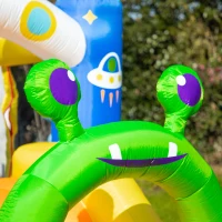 Outsunny 4 in 1 Kids Bouncy Castle Large Alien Style Inflatable House Slide Trampoline Climbing Wall Basket with Air blower Carrybag Patches for Kids Age 3-8(m-11)