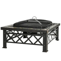 Outsunny Multifunctional 2-in-1 Patio Steel Fire Pit with Grill Shelf,  Poker,Handle 76Wx76Dx47Hcm for Yard Bonfire Patio Black(m-1)