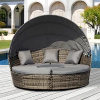 Outsunny Outdoor PE Rattan Garden Furniture with Cushions, Patio Wicker Conversation Set, Round Daybed with Retractable Canopy, Coffee Table, and Three Pillows, Dark Grey(m-2)