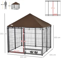 PawHut Parque para Perros con Toldo Perrera Metálica de Exterior con Soporte Giratorio para Comida 2 Cuencos Incluidos y Cerradura para Mascotas Jardín 141x141x151 cm Negro(m-3)
