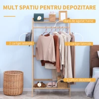 HOMCOM Suport de imbracaminte din bambus , cu 2 rafturi de depozitare, 2 carlige si sina de agatat pentru intrare, dormitor si birou, natural(m-4)