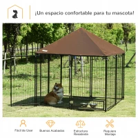 PawHut Parque para Perros con Toldo Perrera Metálica de Exterior con Soporte Giratorio para Comida 2 Cuencos Incluidos y Cerradura para Mascotas Jardín 141x141x151 cm Negro(m-4)
