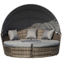 Outsunny Outdoor PE Rattan Garden Furniture with Cushions, Patio Wicker Conversation Set, Round Daybed with Retractable Canopy, Coffee Table, and Three Pillows, Dark Grey