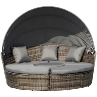 Outsunny Outdoor PE Rattan Garden Furniture with Cushions, Patio Wicker Conversation Set, Round Daybed with Retractable Canopy, Coffee Table, and Three Pillows, Dark Grey(m-1)