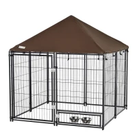 PawHut Parque para Perros con Toldo Perrera Metálica de Exterior con Soporte Giratorio para Comida 2 Cuencos Incluidos y Cerradura para Mascotas Jardín 141x141x151 cm Negro(m-1)
