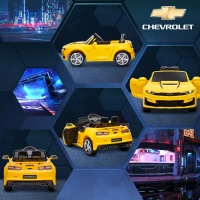 HOMCOM  Masina Chevy Camaro cu licenta 12V, alimentata cu baterii, telecomanda pentru parinti, masina electrica pentru copii cu suspensie cu arc, motor dublu, claxon, muzica, faruri, stopuri, galben(m-9)