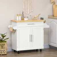 HOMCOM Kitchen Island Rolling Cart Storage Trolley with Rubberwood Top, Drawer, Spice Rack, Towel Rack, White(m-10)