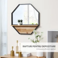 HOMCOM Oglinda de perete octogonala 61x61cm cu raft de depozitare din lemn(m-5)