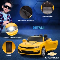 HOMCOM  Masina Chevy Camaro cu licenta 12V, alimentata cu baterii, telecomanda pentru parinti, masina electrica pentru copii cu suspensie cu arc, motor dublu, claxon, muzica, faruri, stopuri, galben(m-8)