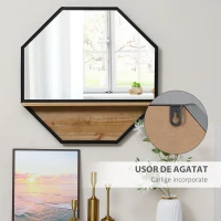 HOMCOM Oglinda de perete octogonala 61x61cm cu raft de depozitare din lemn(m-6)