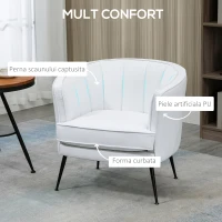 HOMCOM Fotoliu modern din piele artificiala cu picioare de otel, scaun decorativ tapitat, pentru sufragerie si dormitor, alb(m-4)