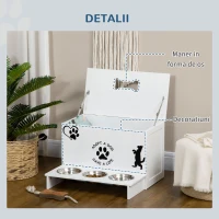 PawHut Set de 3 boluri pentru caini 500 ml cu spatiu de depozitare din MDF si suport din otel inoxidabil, 57x53x37,5 cm, alb(m-7)