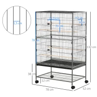 PawHut Large Bird Cage Budgie Cage for Finch Canaries Parakeet with Rolling Stand, Slide-out Tray, Storage Shelf, Food Containers, Dark Grey(m-3)