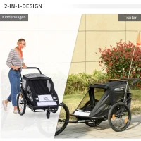 HOMCOM 2-in-1 Kinderanhänger, Regenschutz, Sicherheitsgurt, für 2 Kinder, schwarz, 160 x 83 x 96 cm(m-4)