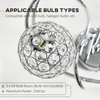 HOMCOM Modern Crystal Ball Chandelier Ceiling Light Pendant Light with 5 Lampshades 5 G9 Bulbs Required Silver(m-7)