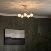 HOMCOM Crystal Chandelier Modern Pendant Light for Living Room with 5 Ball Lampshades 5 G9 Bulbs Required Gold Tone(m-11)