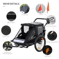 HOMCOM 2-in-1 Kinderanhänger, Regenschutz, Sicherheitsgurt, für 2 Kinder, schwarz, 160 x 83 x 96 cm(m-7)