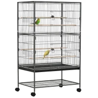 PawHut Large Bird Cage Budgie Cage for Finch Canaries Parakeet with Rolling Stand, Slide-out Tray, Storage Shelf, Food Containers, Dark Grey(m-1)