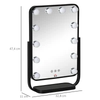 HOMCOM Vanity Mirror with LED Lights, Tabletop Makeup Mirror with 12 Dimmable Bulbs, Memory Function and Metal Frame, Black(m-3)