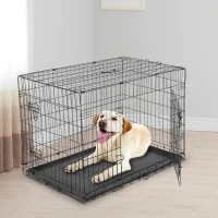 PawHut Gaiola para Cães com 2 Portas Gaiola para Animais de Estimação de Arame Dobrável com Alça de Transporte Aço 121x74,5x81cm Preto(m-4)