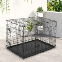 PawHut Gaiola para Cães com 2 Portas Gaiola para Animais de Estimação de Arame Dobrável com Alça de Transporte Aço 121x74,5x81cm Preto(m-10)